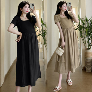 Maternity 2024 Summer New Korean Style Elegant Simple Slimming Square Collar Mid-length Pregnant Women Dress