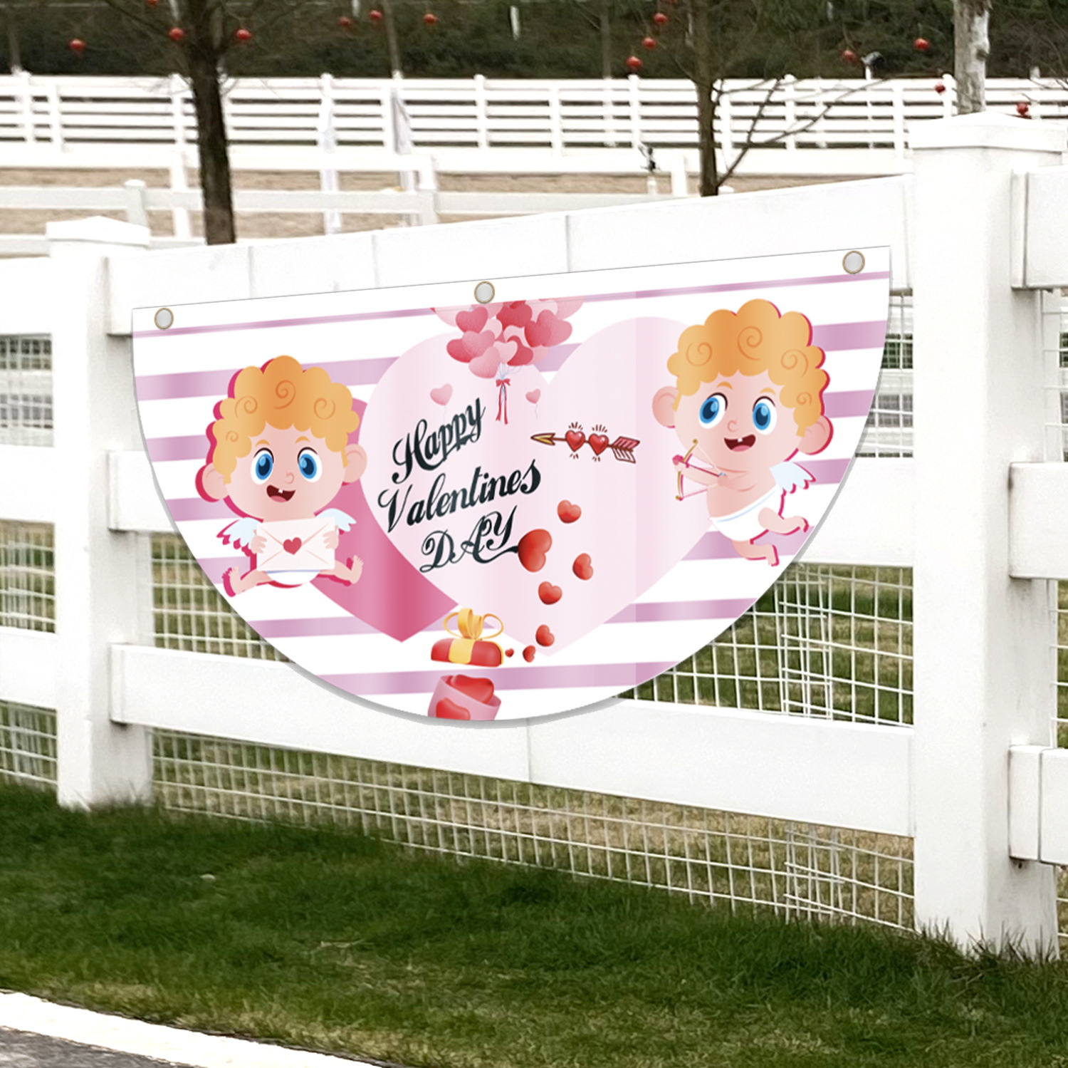 Transfronterizo nuevo día de San Valentín fan bandera aniversario de boda decoraciones al aire libre creativo impreso dibujos animados semicírculo bandera