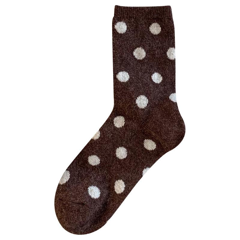 Women's socks autumn and winter thickened warm Japanese style all-match polka dot black wool Maillard Brown Zhuji mid-calf length socks