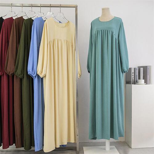 Round-neck, loose-fit, plus-size long-sleeved solid-color pullover robe skirt—spring and autumn knee-length dress