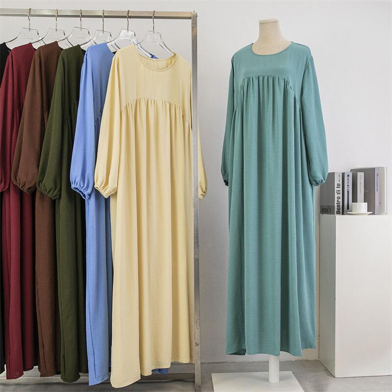 Cross-Border Foreign Trade Round Neck Loose Plus Size Long Sleeve Solid Color Pullover Robe Dress Spring and Autumn Over-The-Knee Long Dress