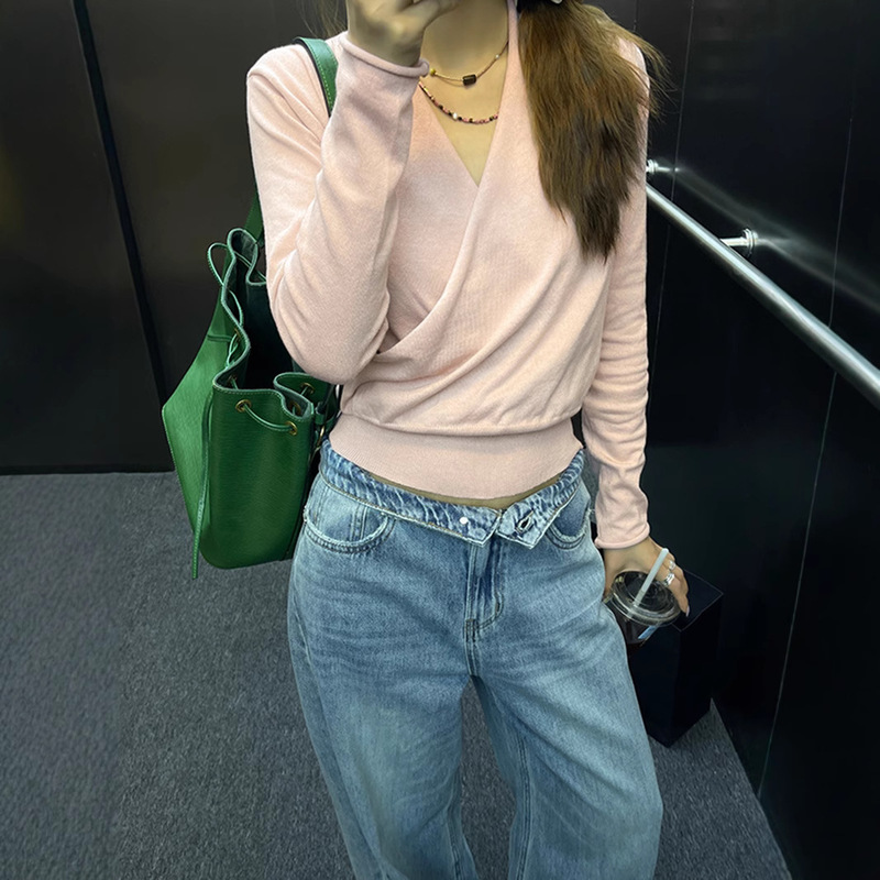 Spring New Cross Collar French Knitted Sweater Women's Loose V-neck Knitted Base Shirt Winter Kimono Collar Sweater Cross Border