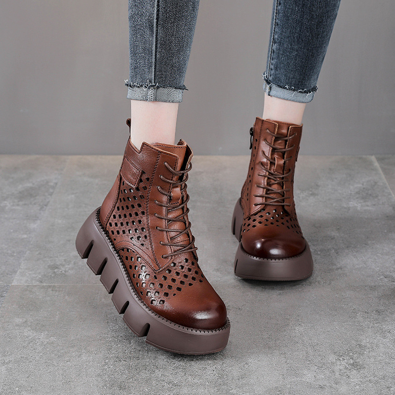 Giày boot nữ cổ cao da bò thật đế bánh xốp dày — Màu nâu