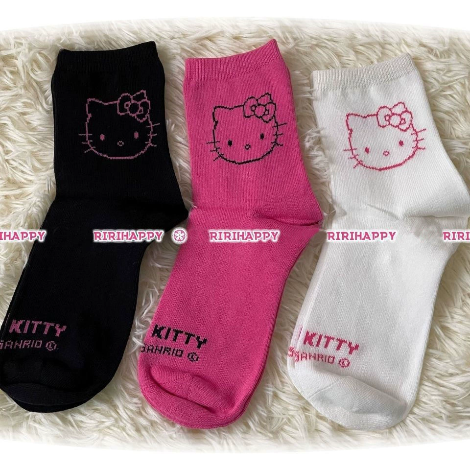 Праздничные носки Hello Kitty в виде мультфильма, три цвета, хлопок-полиэстер, средняя длина