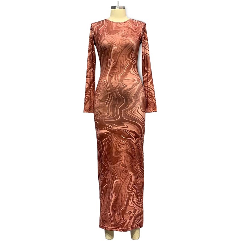 Ropa de mujer transfronteriza de estilo europeo y americano 2023 otoño nuevo vestido de manga larga impreso cuello redondo delgado vestido de longitud media mujeres