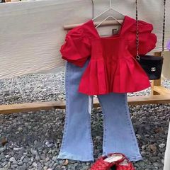.女童夏季韩版套装新款潮时尚女宝宝短袖上衣儿童牛仔裤两件套.