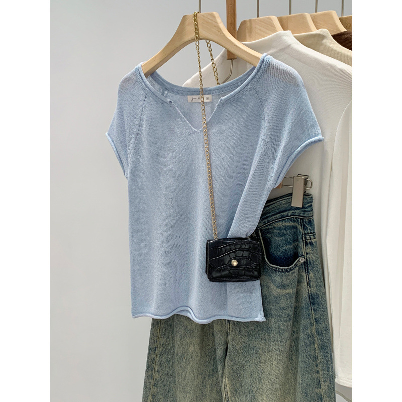 Original Real Shot of Lyocell Tencel Linen High-End V-Neck Short-Sleeve Knit Top, Summer 2026 New Style, Lazy Style