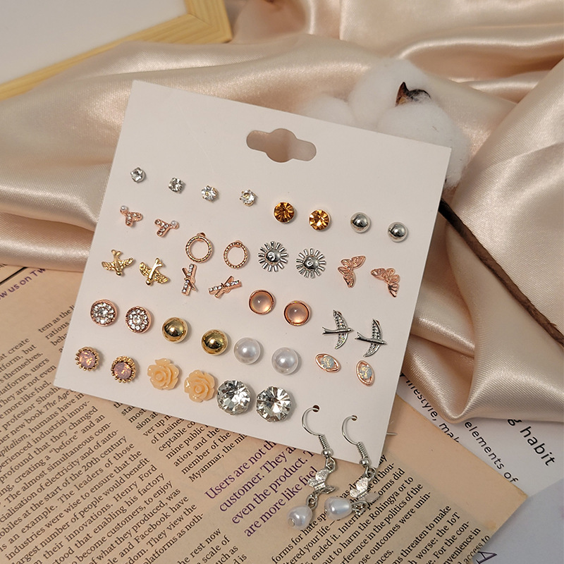 New Fashion Cross-border Sold Jewelry Earring Set 20 Pairs Zircon-like Stud Earrings Flower Heart Shape Diamond Mini Earrings display picture 1