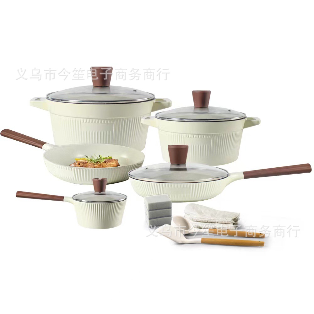 Cross-border exclusive for new 16-piece new cookware suit kitchen household non-stick soup pot Maifan stone die-casting pot aluminum