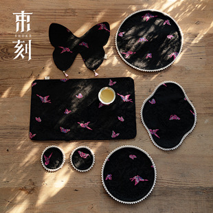 Aesthetic Fabric Art with Pearl Edges, Tea Mat with Sashiko Embroidery Butterfly, Waterproof Dry Bubble Mat, Tea Table Dry Bubble Table Mat, Tea Mat
