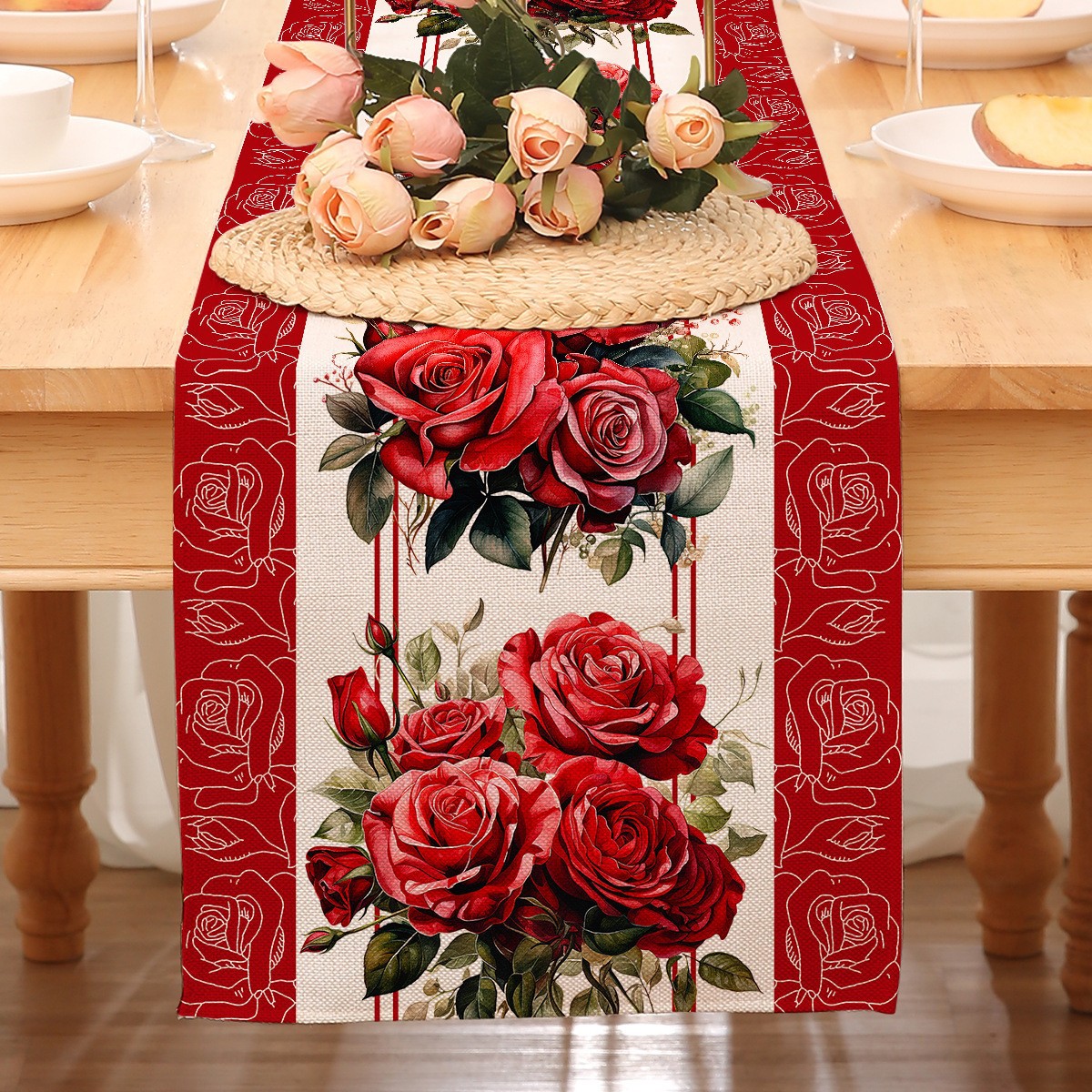Camino de mesa temático de San Valentín para decoración transfronteriza, mantel rojo estampado de Amazon, decoración de restaurante, estilo nórdico, decoración del hogar, tira larga