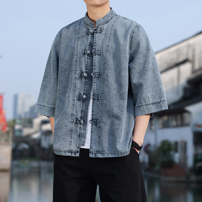 夏季中国风男装牛仔七分袖衬衫盘扣立领上衣宽松大码男休闲两件套|undefined