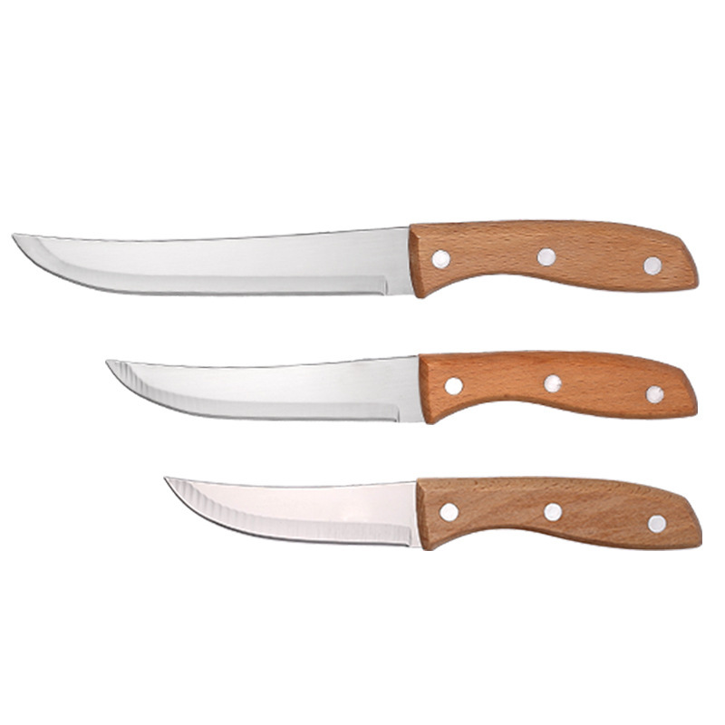Juego de cuchillos para frutas de acero inoxidable con mango de madera en stock, utensilios de cocina de varios tamaños, juego de cuchillos para carne con mango, utensilio de cocina.