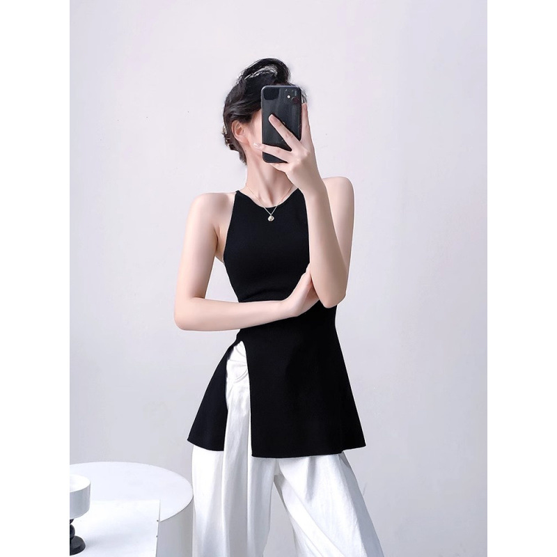 Women's new Korean style mid-length knitted vest dress with a split slit and spaghetti strap design, perfect for layering over a top.