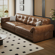 法式复古风沙发头层牛皮意式极简松木直排小户型耳朵沙发