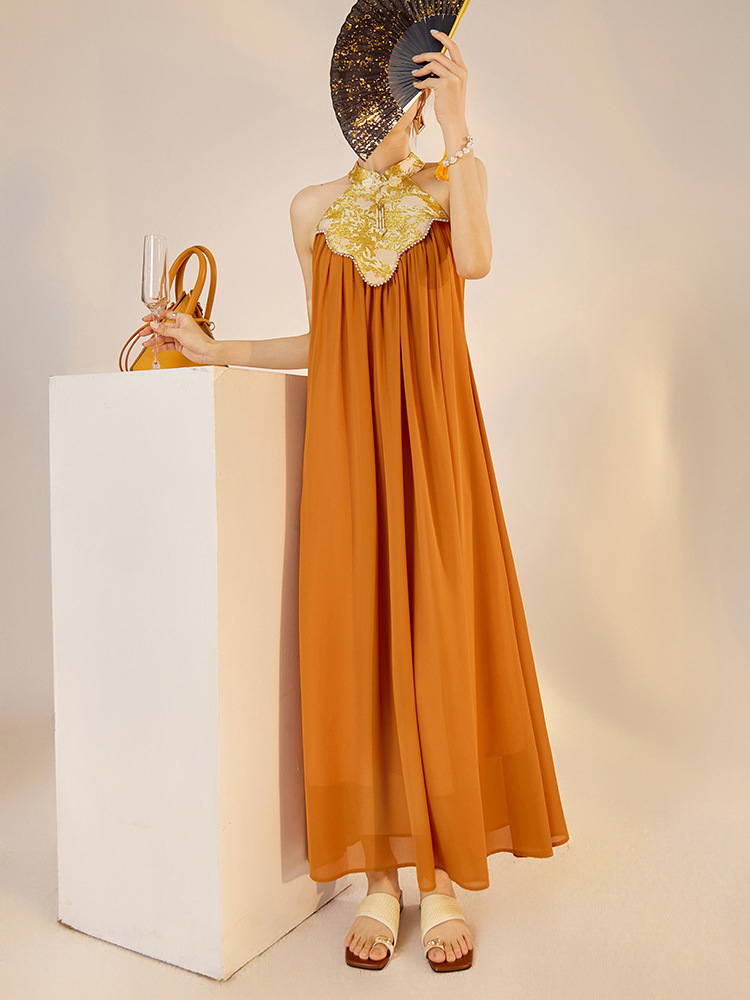 Váy dài cổ qipao thiết kế sang trọng mùa xuân hè — Màu cam, Màu mơ