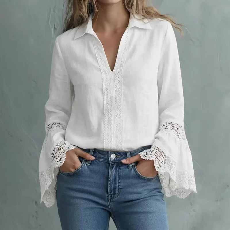 2026 Cross-Border Foreign Trade Amazon Independent Site Hot-Selling Women's Cotton and Linen Solid Color Pullover Elegant Lace-Trimmed Cotton Shirt 2026 Cross-Border Foreign Trade Amazon Independent Site Hot-Selling Women's Cotton and Linen Solid Color Pullover Elegant Lace-Trimmed Cotton Shirt