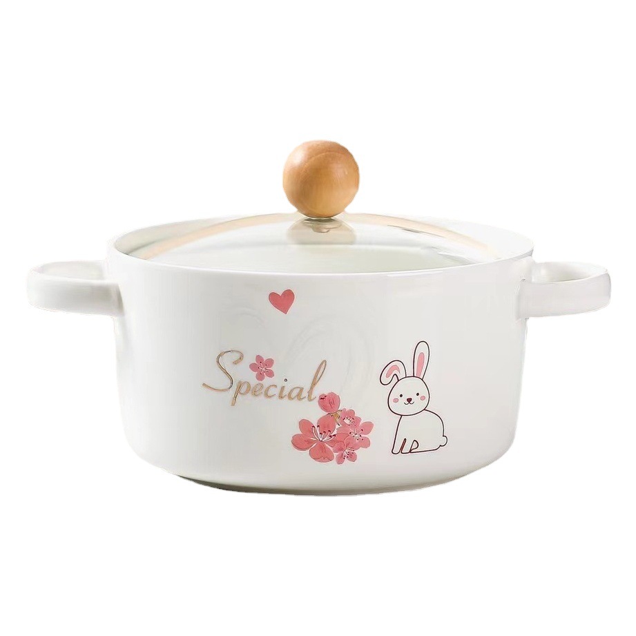 Personalidad creativa tazón de fideos instantáneos de doble oreja conejo Rosa flor de cerezo tazón de ensalada de cerámica con tapa tazón de sopa de dibujos animados hogar regalo image 1