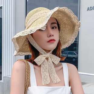 Hat Women's Korean-style Summer Ins Trendy Brand Internet Celebrity Spring and Autumn Lace Strap Straw Hat Fashionable Sunshade Beach Sun Hat