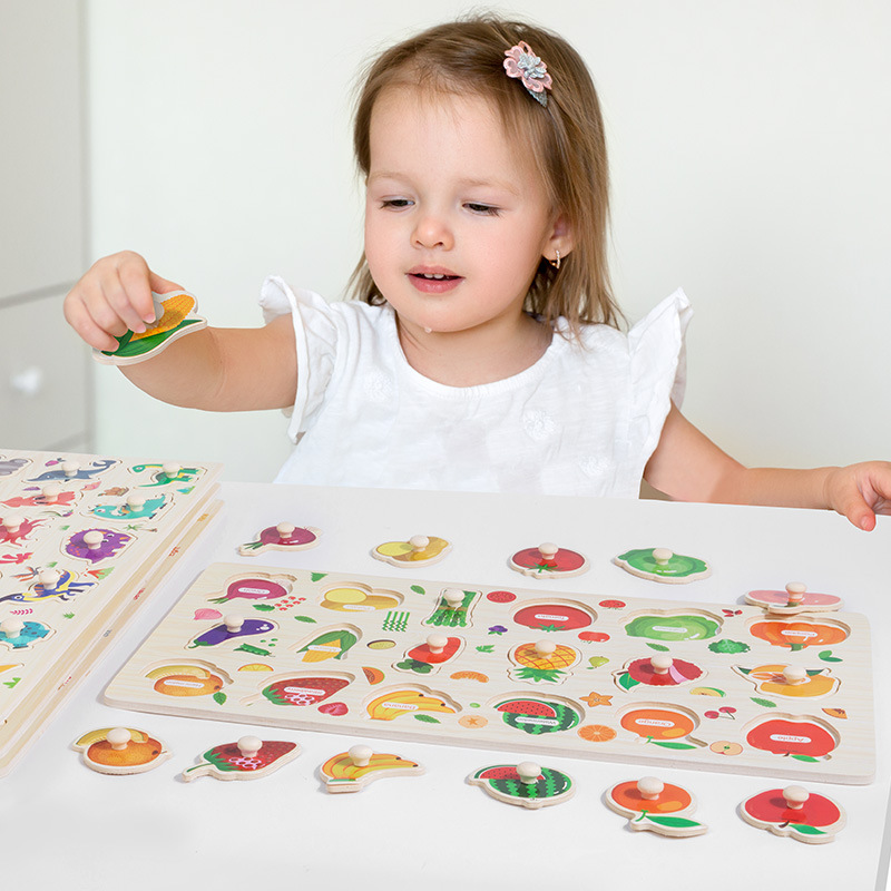 Grandes incrustados de madera de los niños tablero de la mano del rompecabezas bloques de construcción rompecabezas de desarrollo de inteligencia bebé juguetes de educación temprana cognitiva