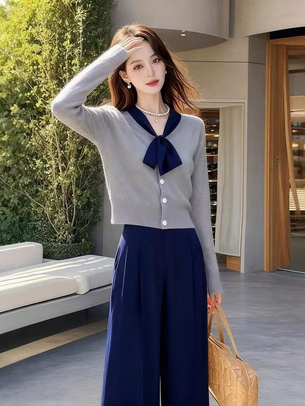 时尚复古绝美蓝色蝴蝶结长袖针织衫女秋冬新款阔腿裤子两件套装|undefined