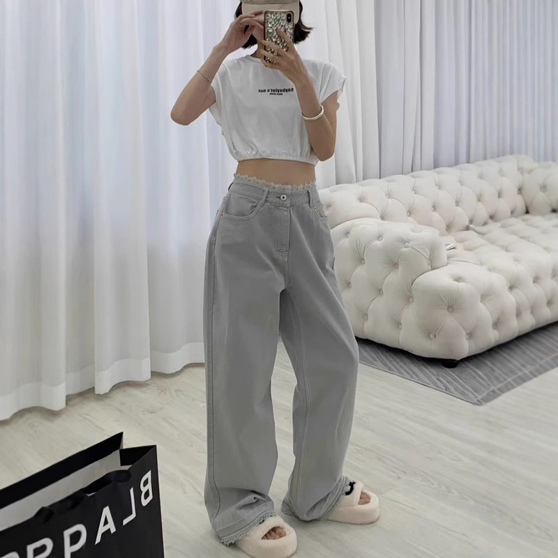 Shenzhen Nanyou Classy Original Miu Home 25 Early Spring Spliced ​​Lace Edge Retro High Waist Wide Leg Straight Jeans