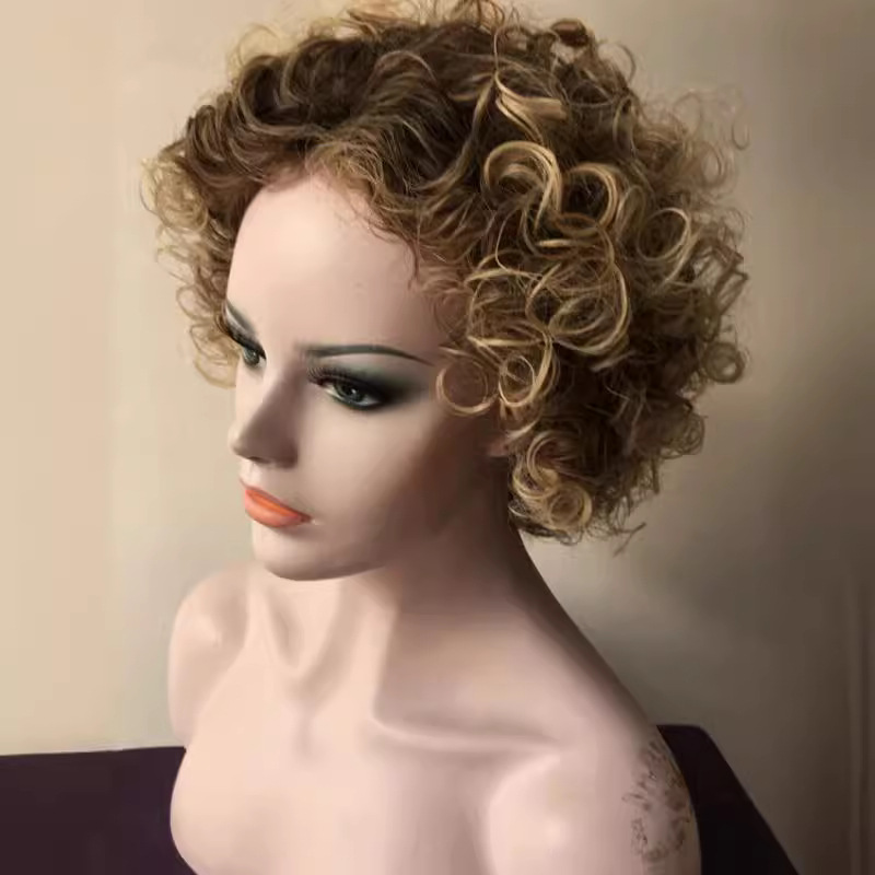 Nueva moda de seda de alta temperatura del pelo rizado pequeño europeo y americano de las mujeres europeas y americanas Pelo Rizado corto Peluca de comercio exterior fabricante en stock pelo de una pieza