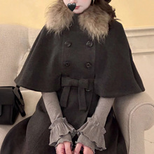 DOLL原创-恋恋日记-真貉子毛领深灰色呢大衣女冬季千金风外套