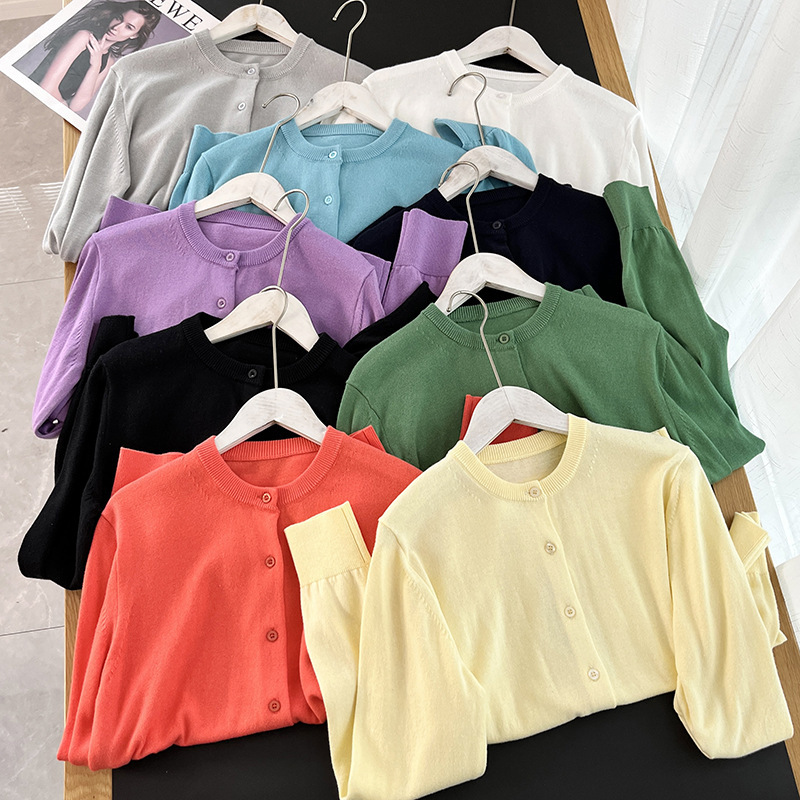 2023 Spring New Round Neck Cardigan Thin Knitted Sweater Jacket Single Breasted Long Sleeve Bottoming Shirt 454764
