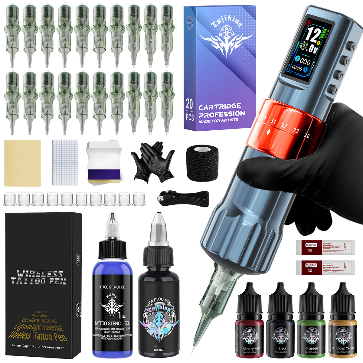 Máquina de tatuaje de doble batería ajustable, conjunto de taza hueca, motor de alimentación inalámbrica, pluma de tatuaje, herramienta de corte de alambre para tatuajes