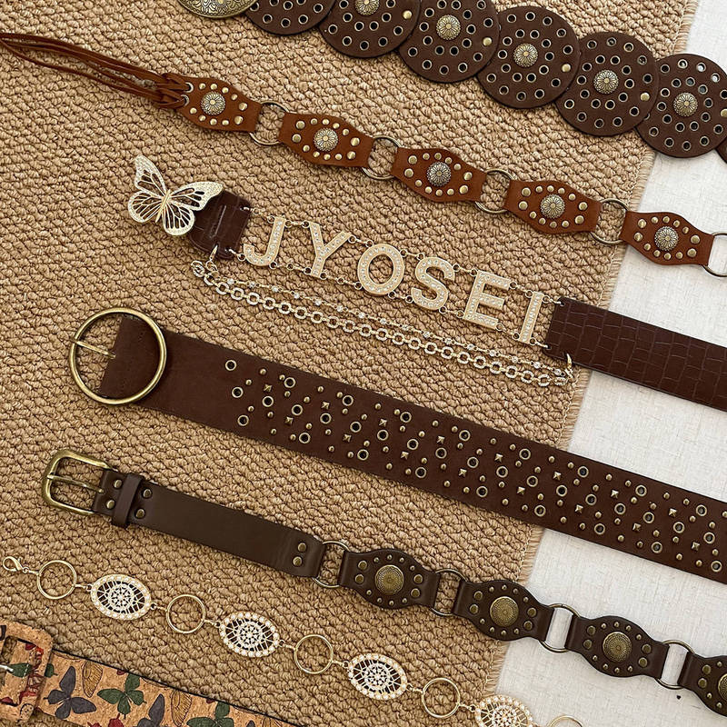 Retro Western Rivet Belt Women's Ethnic Style Bohemian Belt with Skirt and Pants with Girdle Accessories Brown