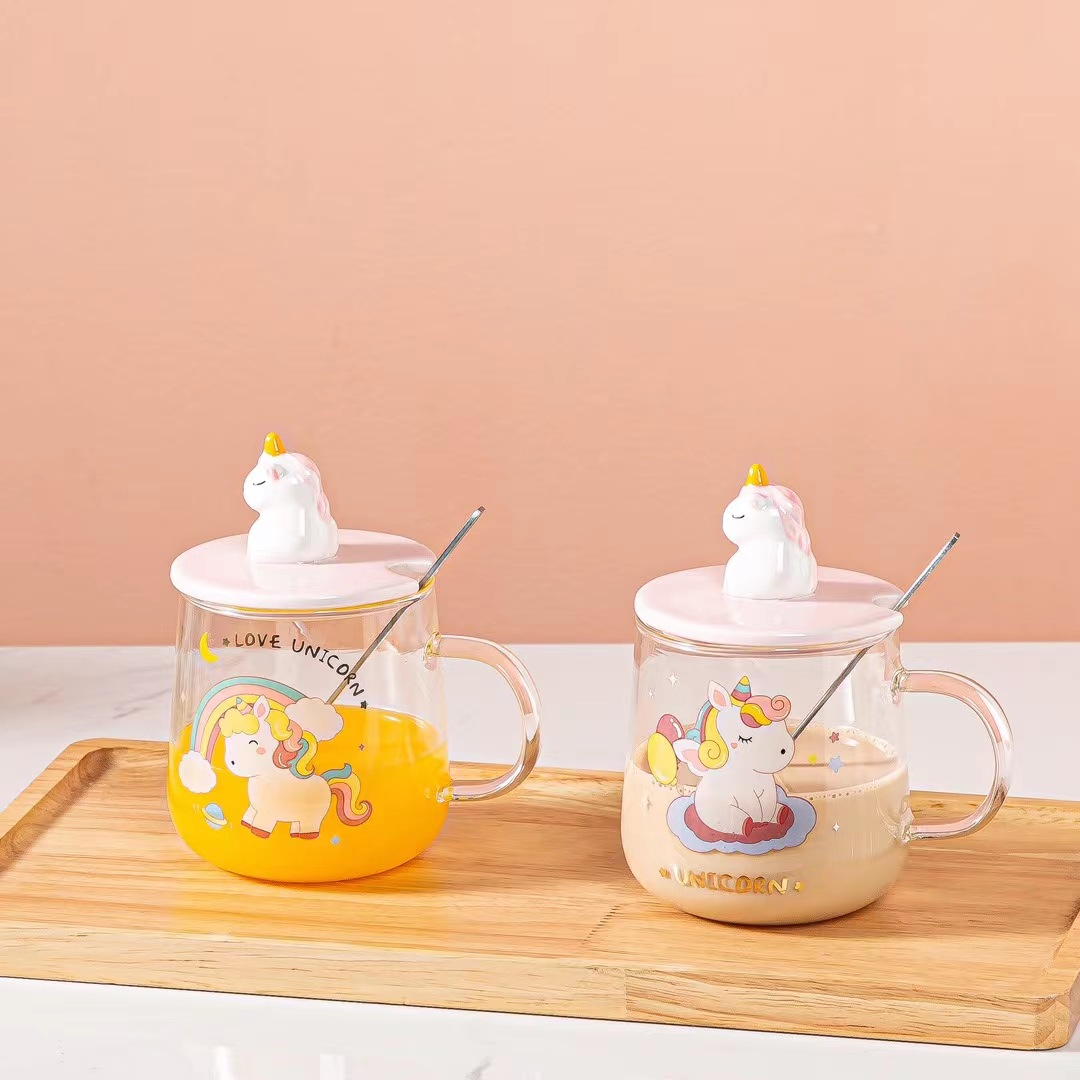 Personalidad creativa dibujos animados unicornio 3D tridimensional Taza de cerámica con tapa cuchara chica corazón taza de café taza de oficina