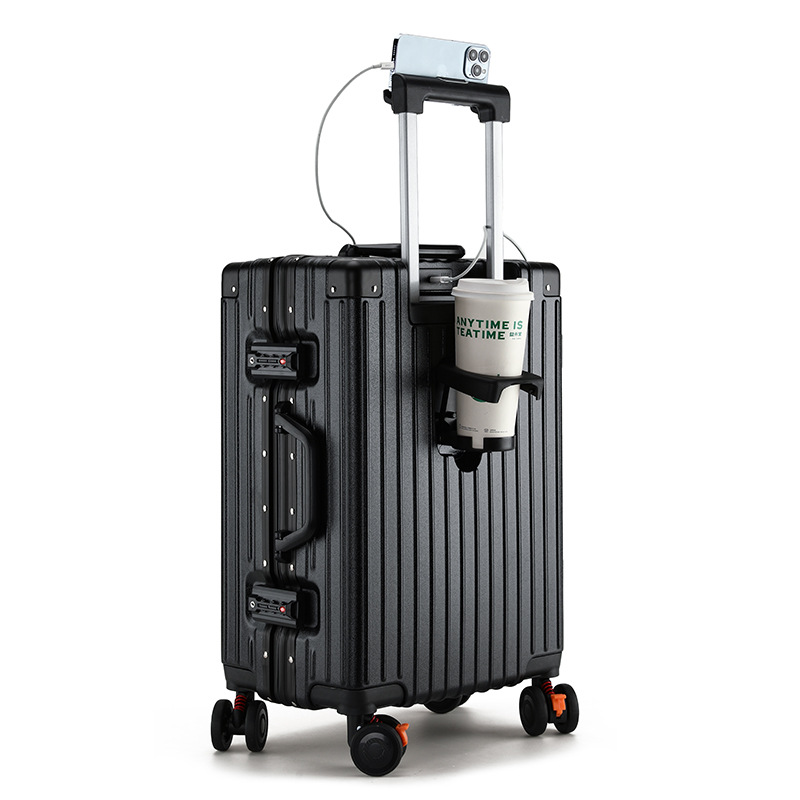 Maleta multifuncional porta taza de agua puerto de carga caja de barra de tracción marco de aluminio maleta silenciosa rueda universal maleta