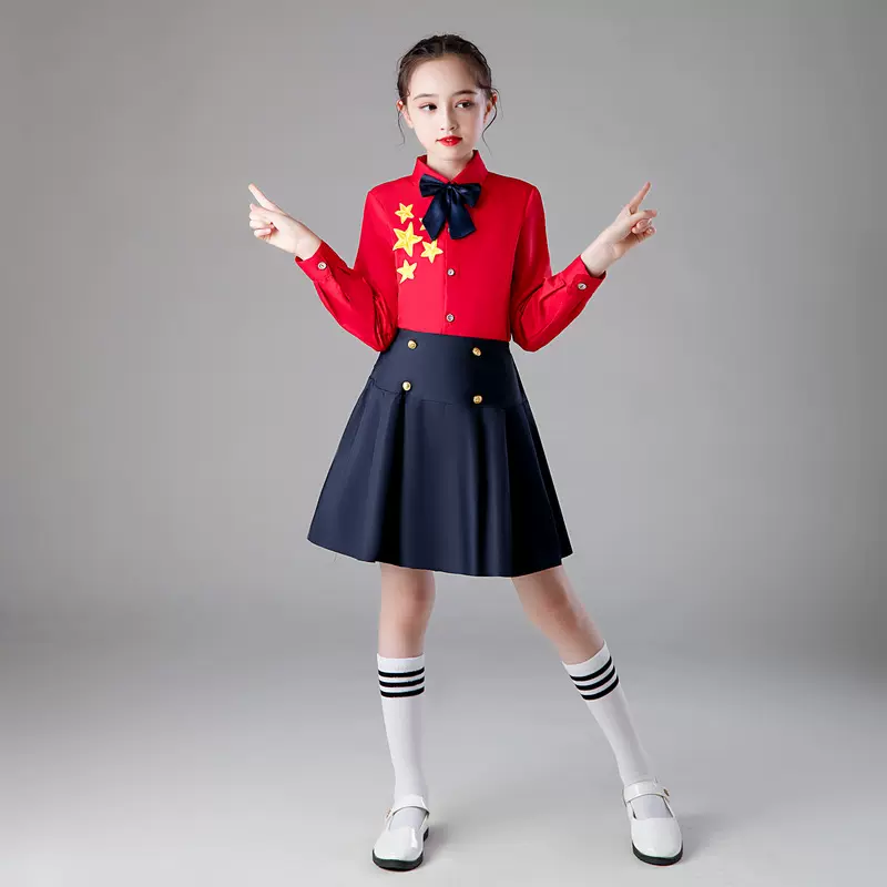 儿童合唱演出服红色校服朗诵服红色男女童诗词演讲比赛服装小学生