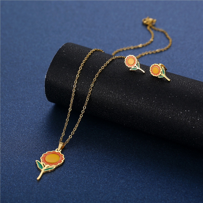 stainless steel sunflower necklace earrings set sunflower pendant golden sunflower clavicle chain th