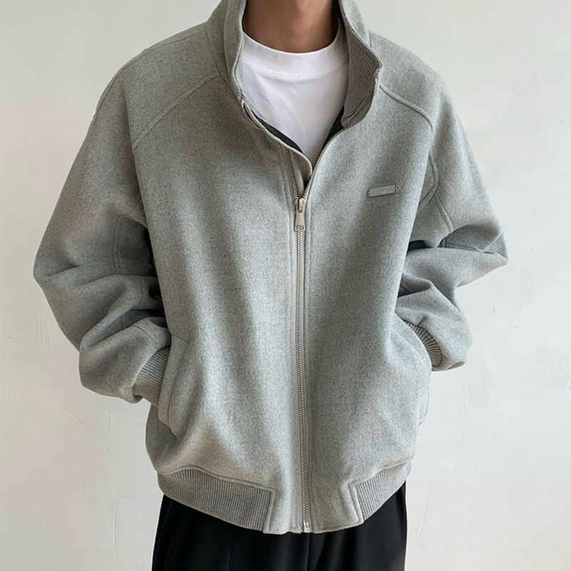 美式立领加厚呢子外套男秋冬韩系高级感痞帅廓形短款毛呢夹克开衫|undefined