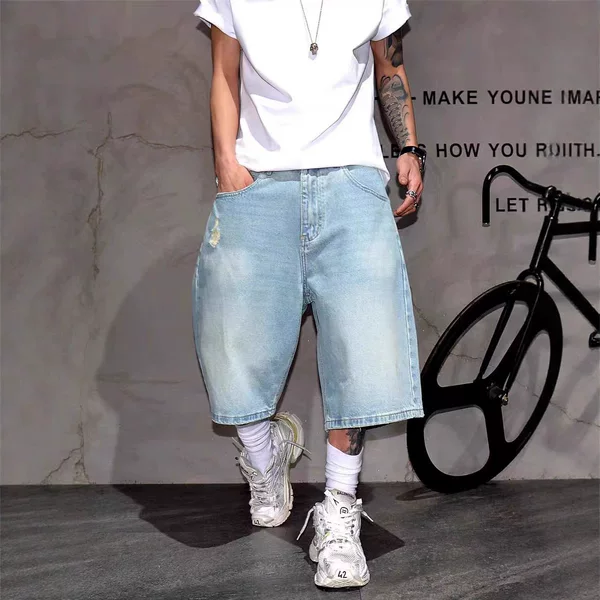 Starry Sky Pattern Denim Shorts Men's 2025 New American Retro Mid-Pants Summer Thin Loose Straight Five-Point Pants