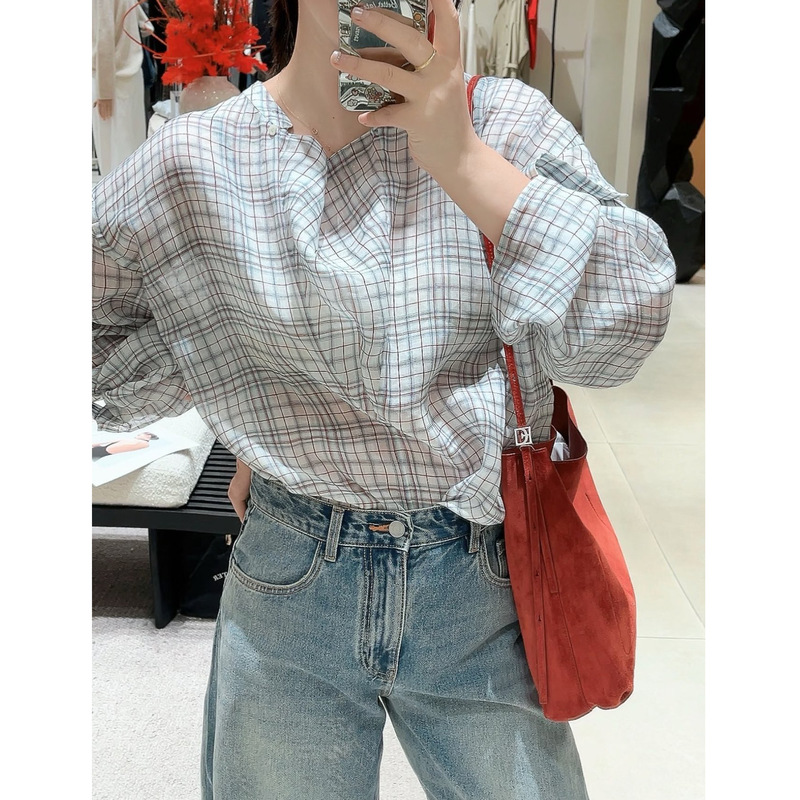 In Stock: Ed Series Lightweight Green Plaid Ramie Shirt with a Draped Collar, Long-Sleeve Shirt for Women, New Summer Style In Stock: Ed Series Lightweight Green Plaid Ramie Shirt with a Draped Collar, Long-Sleeve Shirt for Women, New Summer Style