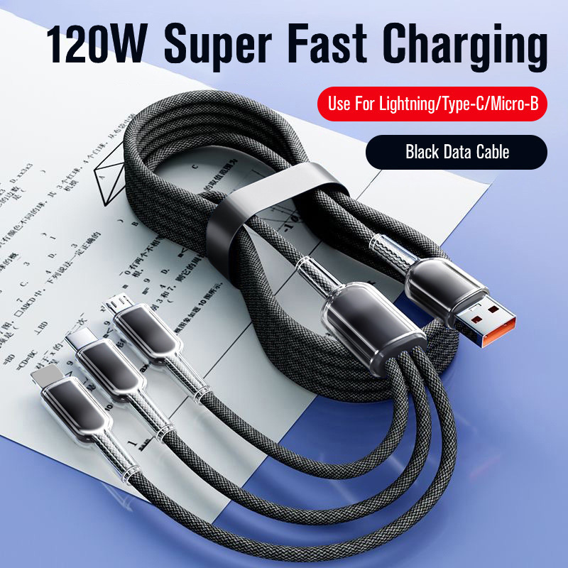 新しい 100W 1 対 3 高速充電データケーブル車用スリーインワン スーパーフラッシュ充電、ライト付き Apple iPhone に適しています|undefined