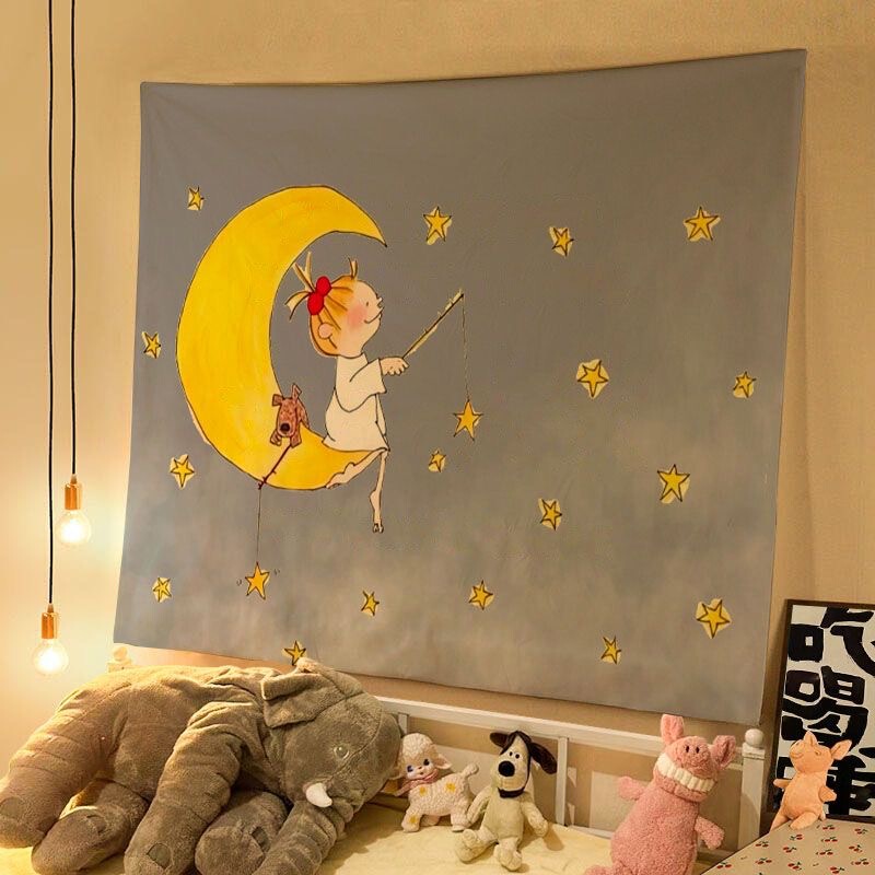 オイルパステルイラスト COCOソース かわいいおやすみ吊り布 子供部屋 寝室 壁飾り 雰囲気背景布 壁布|undefined