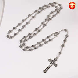 Etsyh货源手工弯针8×9圣本笃合金项链祈福十字架长款念珠毛衣链