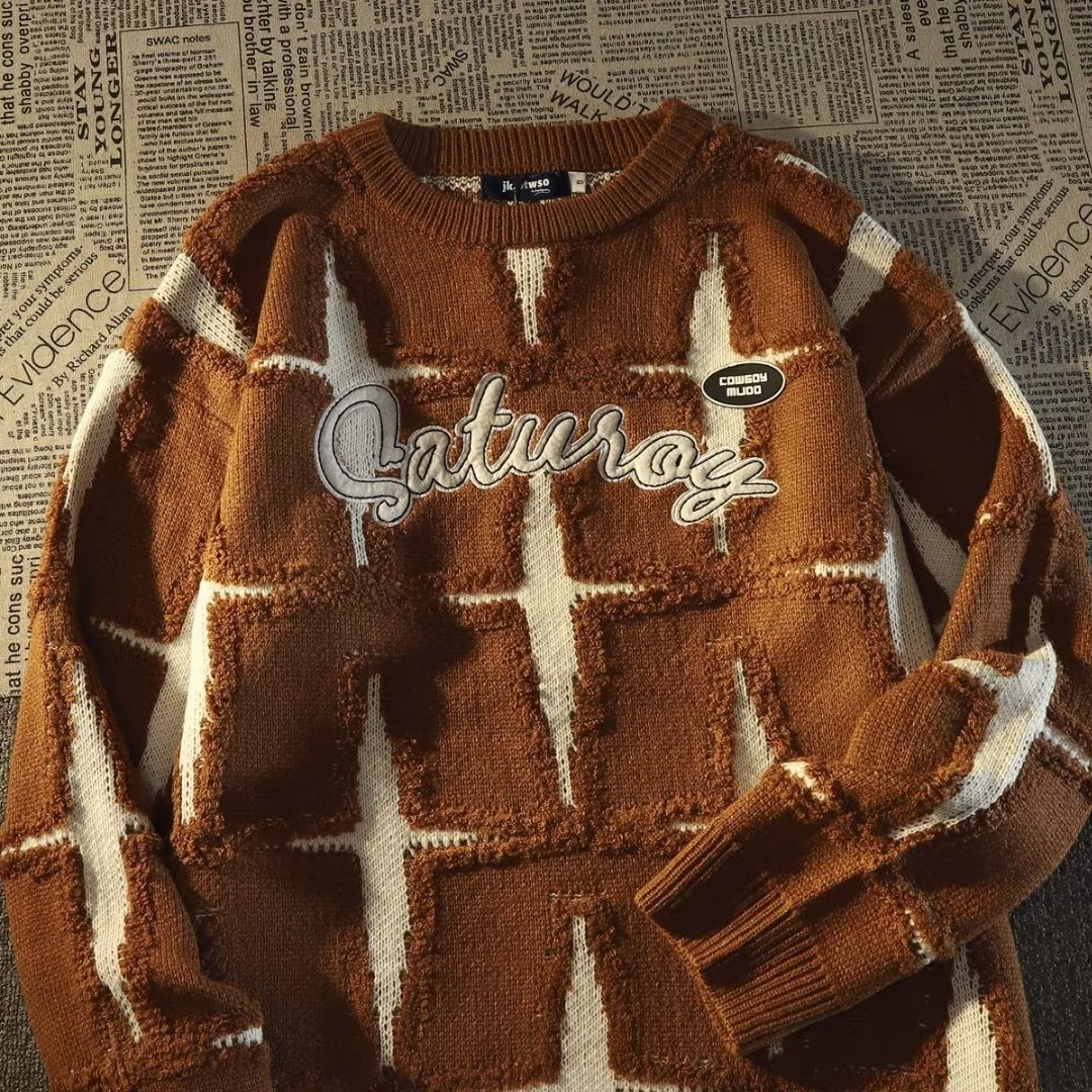 Pull rétro style Hong Kong à étoiles pour homme, idéal pour le printemps et l'automne. Coupe ample et décontractée, style oversize, en maille._voghion.com