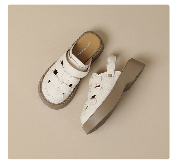 Sandal bít mũi đế dày phong cách La Mã nữ, quai chữ V — AB16N be đen chi tiết 16