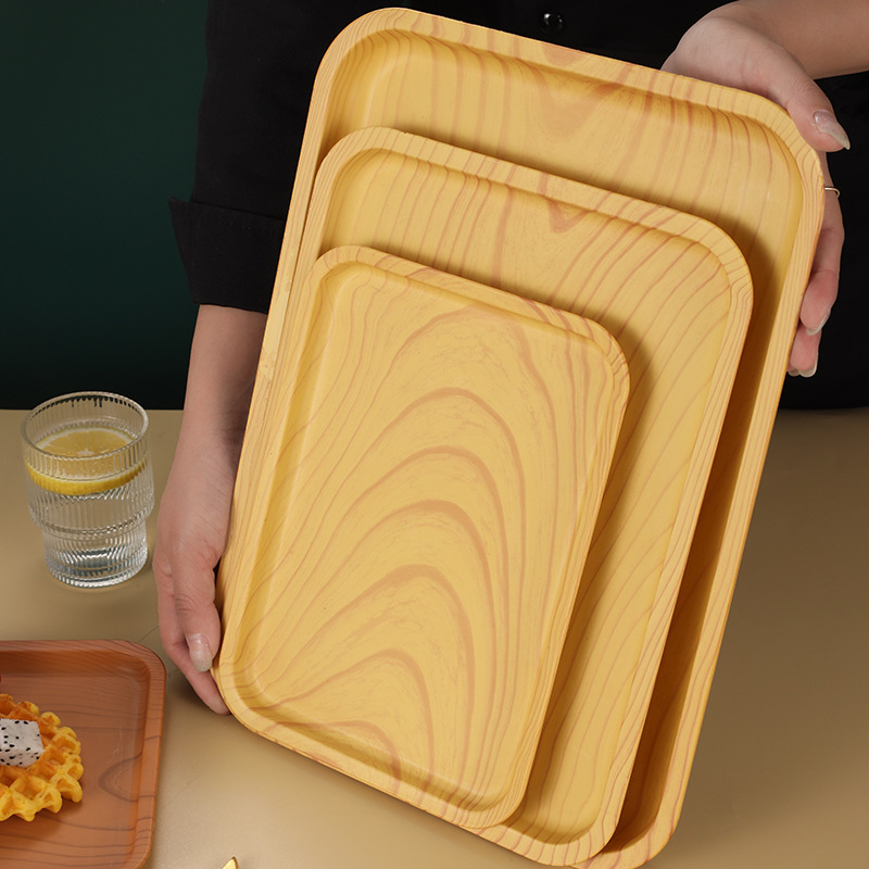 工廠直銷小麥長方形餐用木紋托盤酒店水果零食托盤茶點木紋餐盤子