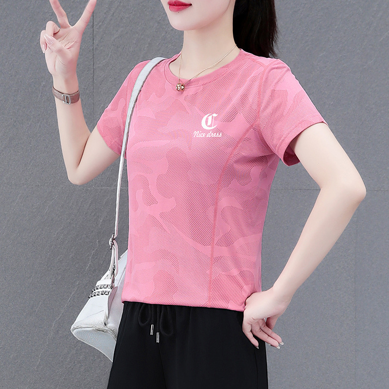 Ice Silk Elastic Quick-Drying Casual Short-Sleeved Round Neck T-Shirt Women's Summer Mesh Breathable Camouflage Anti-Wrinkle Sports T-Shirt
