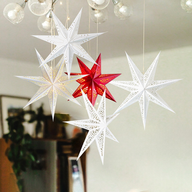 Decoración de estrellas de papel de Navidad Decoración de techo de estrella de siete puntas Adornos Festival Papel hueco Estrella Linterna de pantalla de lámpara