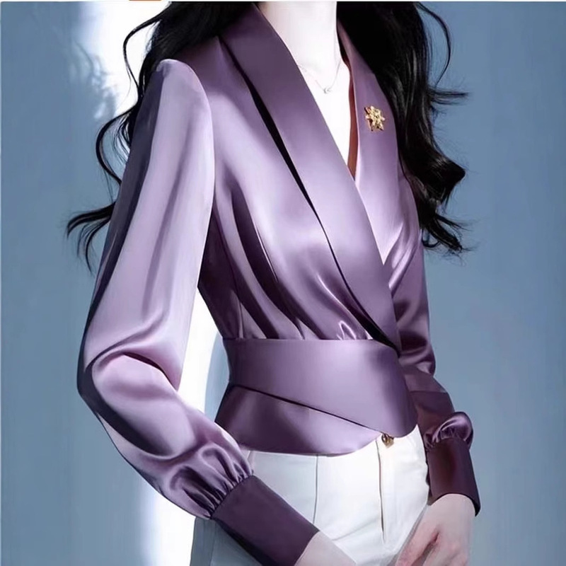 This Year's Hottest High-End Purple Satin Shirt for Women, Spring and Autumn New Style French Waist Long-Sleeved Shirt, Elegant Top