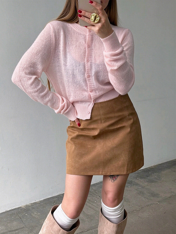 Áo cardigan len nữ dệt kim mỏng cổ tròn dáng rộng phối nút — Vàng nhạt, màu hồng, màu nâu, trắng