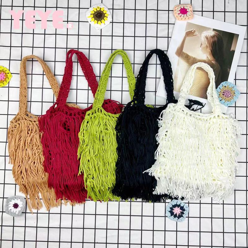 Cross-border European and American Handmade Solid Color Tassel Bag Ethnic Style Women's Bag Woven Shoulder Bag Fashionable Casual Handbag
