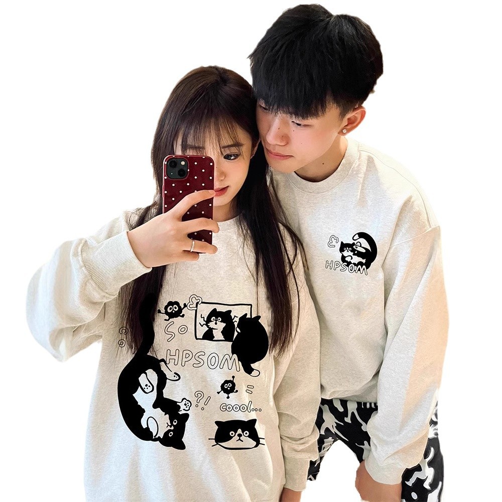 크루 넥 멜란지 그레이 고양이 기모 두꺼운 땀 여성의 가을과 겨울 느슨한 게으른 스타일 코튼 무거운 폭발성 탑